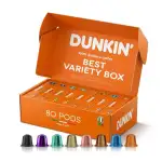 Dunkin’ Donuts Premium Kaffeekapseln 80 Kaffeekapseln – Variety Box mit 8 Sorten zum Entdecken, 100% Arabica, kompatibel mit Nespresso Kapselmaschinen, vollmundig & aromatisch, Geschenkidee