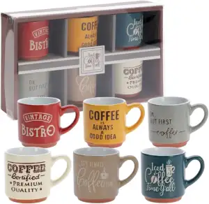 MIJOMA Steingut-Henkelbecher 120 ml – 6er Motivmix Kaffeedesign – kompakte Größe 6,2 x 6,4 cm – kleine Kaffeeportionen für Zuhause