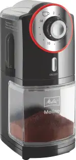 Melitta Molino Kaffeemühle – elektrische Kaffeemühle mit Scheibenmahlwerk für bis zu 200g Kaffeebohnen, 17 individuellen Mahlstufen, für 2–14 Tassen Kaffee, schwarz/rot