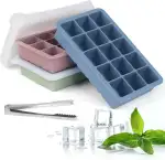 Eiswürfelform Silikon Eiswürfelbehälter mit Deckel, 3 Stück 45 Fach Quadratische Eiswürfel 3.5cm, Ice Cube Tray für Whisky, Cocktails（Blau+Rosa+Grün）