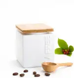 Kaffeedose Luftdicht 500g – Keramik Kaffeebehälter eckig, inkl. Dosierlöffel - Luftdichter Bambus-Deckel für frisches Aroma – Weiß