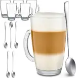 Cosumy 6 Latte Macchiato Gläser mit Henkel und Löffel - 300ml - Hält lange warm - Ideale Größe für Kaffeevollautomaten - Spülmaschinenfest