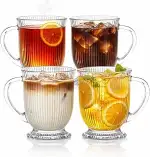 KEMORELA 4er-Set Glas Tassen 480ml mit Henkel, Irische Rillengläser für Heiße & Kalte Getränke, S...