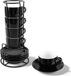 Espresso Tassen 4er Set, 100ml Espressotassen Set mit Ständer Stapelbar Dickwandig Kaffeetassen a...
