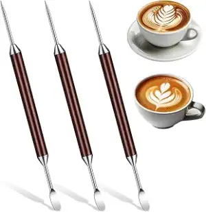 16cm Doppelseitige Kaffee Kunst Stift, 3 Stück Latte Art Pen Edelstahl Latte Art Stift mit Holzgr...