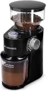 Navaris Elektrische Kaffeemühle mit Edelstahl Scheibenmahlwerk - 200W - für bis zu 14 Tassen Kaffee - 18 Mahlgrade - Kaffee Mühle Schwarz