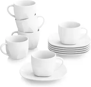 MALACASA, Serie Elisa, 12tlg. Set Cremeweiß Porzellan Kaffeeservice Kaffeebecher