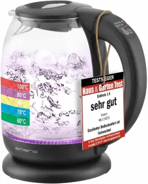 EMERIO Wasserkocher | TESTSIEGER Haus & Garten Test 02/2019 | aus hochwertigem Borosilikatglas | mit Temperaturwahl (60-70-80-90-100°C) | BPA-frei | AutoOff & Trockengehschutz | 2200W | WK-119255.5