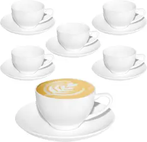 6 Stück Cappuccino Tassen Set 170 ml, Weiß Kaffeetassen mit Untertassen, Cappuccinotassen Porzellan Spülmaschinenfest Milchkaffee Tassen