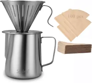Lalord Pour Over Kaffeebereiter-Set, 304 Edelstahl, mit 100 Stück #2 Papierfilte