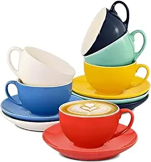 Cosumy Cappuccino Tassen Set 6er mit Untertassen – Kaffeetassen Keramik Bunt – H