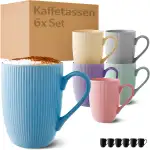 Cosumy Kaffeetassen 6er Set Modern Bunt Pastell 350ml - Einzigartiges Streifenmuster - Matt Keramik - Mikrowellenfest - Spülmaschinenfest & Komfortabler Griff