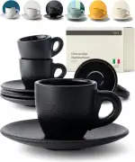 KIVY Espresso Tassen Set [4x 75ml] - Espressotassen mit Untertassen - Handgefertigte Espresso Tassen dickwandig - Italienische Espressotassen Steingut Dickwandig - Schwarz