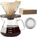 Pour Over Kaffeebereiter, 600 ml Borosilikat Glaskanne Set mit 02 Papierfilter 100 Blätter, Walnu...