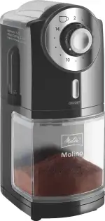 Melitta Molino Kaffeemühle – Elektrische Kaffeemühle mit Scheibenmahlwerk für bis zu 200g Kaffeebohnen, 17 individuellen Mahlstufen, für 2–14 Tassen Kaffee, schwarz