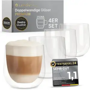 Lemontree 4er Set Cappuccino Tassen 250ml - Gastronomie Qualität - 180 Grad spül