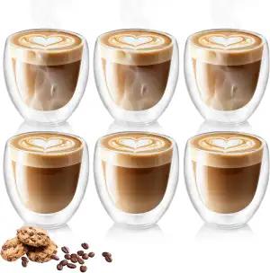 Cappuccino Tassen 6er Set, Cappuccino Gläser, 250ml Doppelwandiges Kaffeegläser,