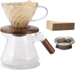 Pour Over Kaffeebereiter, 600 ml Borosilikatglas Set mit 100 Stück Größe 02 Papierfilter, Walnussholzkragen & Glasdeckel, Tropfkaffeemaschine, 1-3 Tassen, transparent