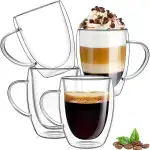 350ml Kaffeeglas Latte Macchiato Gläser mit Henkel, 4-Stück Teeglas Doppelwandige Gläser, Borosilikatglas Hitzebeständige Kaffeetassen Trinkgläser, Perfekt für Cappuccino, Americano, Tee und Getränke