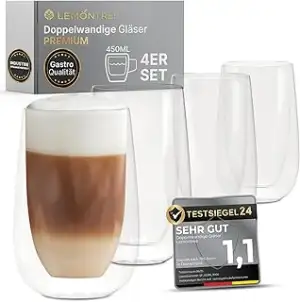 Lemontree 4er Set Latte Macchiato Gläser 450ml - Gastronomie Qualität - 180 Grad