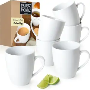 Moritz & Moritz BASIC Kaffeetassen Set 6-teilig - ca. 300ml aus hochwertigem Porzellan in klassischem Weiß - Perfekt für Kaffee, Tee, heiße Schokolade, Cappuccino
