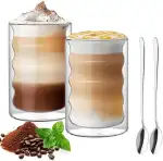 Latte Macchiato Bubble Gläser Set, 2 x 400ml Doppelwandige Bubble Kaffeegläser mit 2 Löffeln, cappuccino Thermogläser für Latte Macchiato, Tee, Milch, Bier