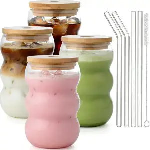 VITEVER Latte Macchiato Gläser Set, 4 Eiskaffee Gläser mit Deckel, Spülmaschinen