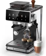 AMZCHEF Siebträgermaschine mit Mahlwerk, 20 Bar Espressomaschine für Zuhause mit Milchaufschäumer, 3 Temperaturstufen, 20 Mahlgrade, Kalt & Heißbrühung, Touchscreen Display