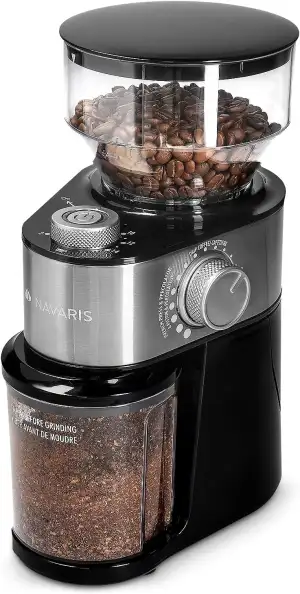 Navaris Elektrische Kaffeemühle mit Edelstahl Scheibenmahlwerk - 200W - für bis zu 14 Tassen Kaffee - 18 Mahlgrade - Kaffee Mühle Metallic Silber