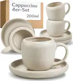Cosumy 4er Cappuccino Tassen Set mit Untertassen Weiß – 200 ml Keramik Cappuccinotassen Set– Hält lange warm dank dickwandigem Steingut – Elegante Kaffee Tassen mit handglasierter Oberfläche