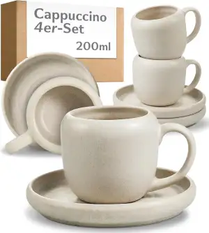 Cosumy 4er Cappuccino Tassen Set mit Untertassen Weiß – 200 ml Keramik Cappuccin