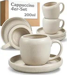 Cosumy 4er Cappuccino Tassen Set mit Untertassen Weiß – 200 ml Keramik Cappuccin