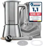 NEVO Espressokocher Induktion Edelstahl | 6 Tassen (300ml), BPA-frei & Nachhaltig | Für alle Herdarten & Camping, Spülmaschinengeeignet | Premium-Set Mokkakanne – Stilvoll für echte Kaffeeliebhaber
