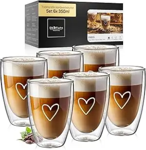 Latte Macchiato Gläser doppelwandig [6x 350ml] GESCHENKIDEE mit HERZ | Kristallk
