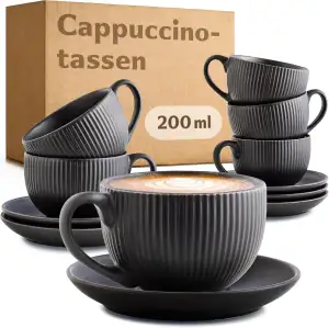 Cosumy Cappuccinotassen Schwarz mit Untertassen - 6er Set - 200ml - Streifenmust