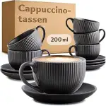 Cosumy Cappuccinotassen Schwarz mit Untertassen - 6er Set - 200ml - Streifenmuster Keramik - Spül...