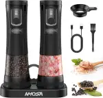 AMOSA Salz Und Pfeffermühle Elektrisch 2er Set, 2 Geschwindigkeiten & 5 externe Mahlgrade Einstellbar, Batterieanzeige Und Aufbewahrungsbasis, Pfeffer Und Salzmühle Automatische Mit LED-Licht, Schwarz