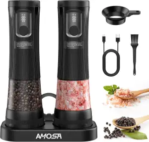 AMOSA Salz Und Pfeffermühle Elektrisch 2er Set, 2 Geschwindigkeiten & 5 externe 