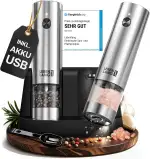 LEBENLANG Salz und Pfeffermühle Elektrisch - Wiederaufladbar & Viel Zubehör I Batterie Set I Pfefferstreuer Pfeffer und Salzmühle für grobes Salt