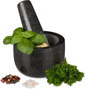 Relaxdays Granit Mörser mit Stößel, robust & langlebig, Gewürze, Kräuter, polier