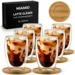 MIAMIO - Latte Macchiato Gläser 6er Set/doppelwandige Kaffeegläser/ohne Henkel/mit Untersetzer/Glas/dickwandig/aus Borosilikatglas (350 ml)