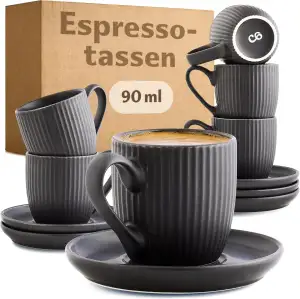 Cosumy Espressotassen Schwarz Matt mit Untertassen 6er Set - 90ml - Streifenmust