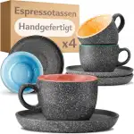Cosumy Espressotassen mit Untertassen 4er Set Bunt - 90 ml Keramik, ???????????? Steingut mit Handgefertigter Reaktiver Glasur - Hält Lange Warm